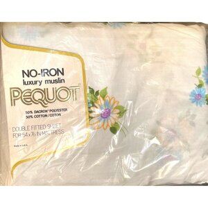 Vintage No Iron Muslin Pequot Double Fitted Sheet for 54x76" Maytime Flowers NOS